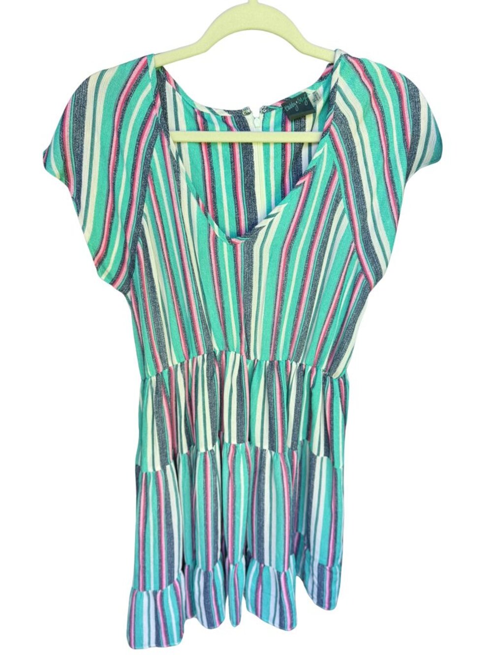 Striped Tiered Babydoll Dress Size 12 Aqua Pink Boho Beach Cover Up Mini Dress